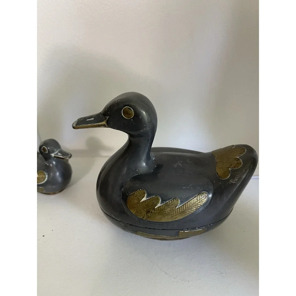 Vintage Solid Pewter and Brass Tin Duck Family Lidded Boxes - Set of 3 Hong Kon